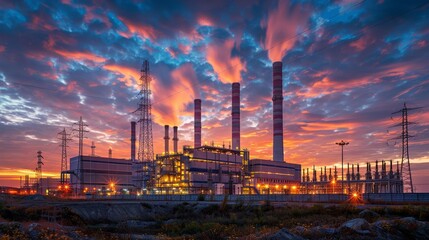 Early evening at a power station with colossal structures and a dynamic sky backdrop - obrazy, fototapety, plakaty
