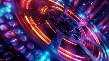 Classic movie reel surrounded by dynamic digital patterns and neon accents