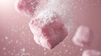 A pile of pink marshmallows levitating in the air.