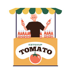 Tomato sauce and ketchup distribution and selling at food market shop stall isolated on white