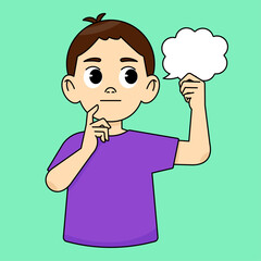 The boy thoughtfully looks to the right side of a white cloud, holds a white cloud