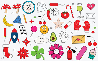  Crazy cartoon collection funny bright summer stickers and emblems Stock vector design