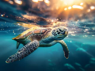 Gordijnen A vibrant sea turtle swims gracefully near a coral reef under the sunlight © cherezoff