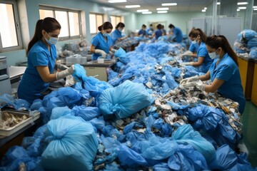 Recycling at the plastic recycling plant, with workers sorting plastic waste collected from cities - obrazy, fototapety, plakaty