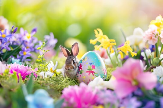 Easter eggs hidden in a lush garden, with a cute bunny surrounded by flowers.