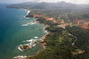 An aerial view of the coastline of Dominica