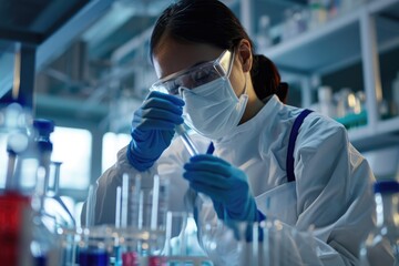 a biochemist wearing protective gear, including an apron, mask, and gloves, pi petting solutions into test tubes in a high-tech laboratory