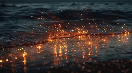 Flickering sparks reflect on wet shoreline as dusk settles on the beach - obrazy, fototapety, plakaty