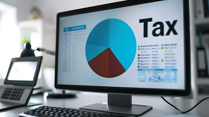Tax planning helps improve efficiency in money management, monitor screen pie chart and word “Tax”, tax planning concept - obrazy, fototapety, plakaty