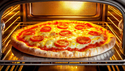 Close-up of a Margherita pizza with mozzarella and tomatoes in an electric oven. Generative Ai.