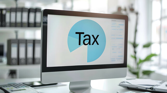 Tax planning helps improve efficiency in money management, monitor screen pie chart and word “Tax”, tax planning concept