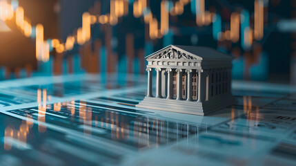 bank model on the table with stock market background, financial institutions that control monetary and fiscal policy and interest rate - obrazy, fototapety, plakaty