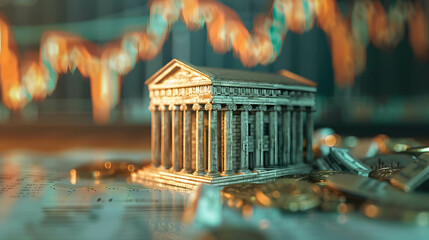 bank model on the table with stock market background, financial institutions that control monetary and fiscal policy and interest rate