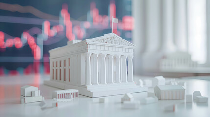 bank model on the table with stock market background, financial institutions that control monetary and fiscal policy and interest rate - obrazy, fototapety, plakaty