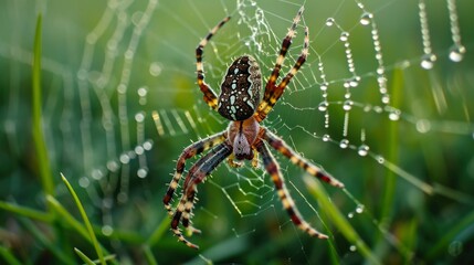 Fototapeta premium The spider is on the web, making a nest on the green grass with dew on the grass