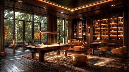 Elegant entertainment space featuring a high-end billiard table and plush seating in a serene setting - obrazy, fototapety, plakaty