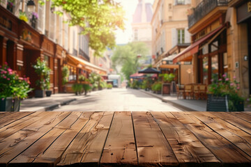 Empty wooden table in front parisian street background, product display montage. - obrazy, fototapety, plakaty