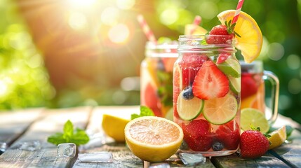 This image showcases a mason jar with a mixed berry and citrus drink, surrounded by fresh fruits and ice, epitomizing summer refreshments