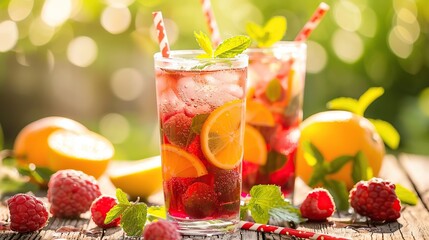 A vibrant summer drink with mint and berries on a rustic wooden table, capturing the essence of summer refreshment. It's ideal for seasonal promotions or lifestyle content