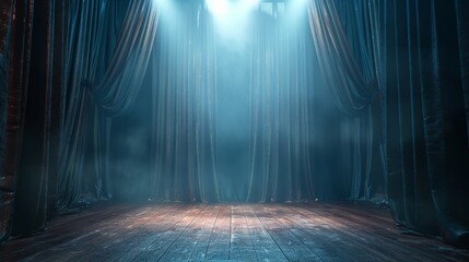Stage awaits behind plush drapes, spotlight's soft hum