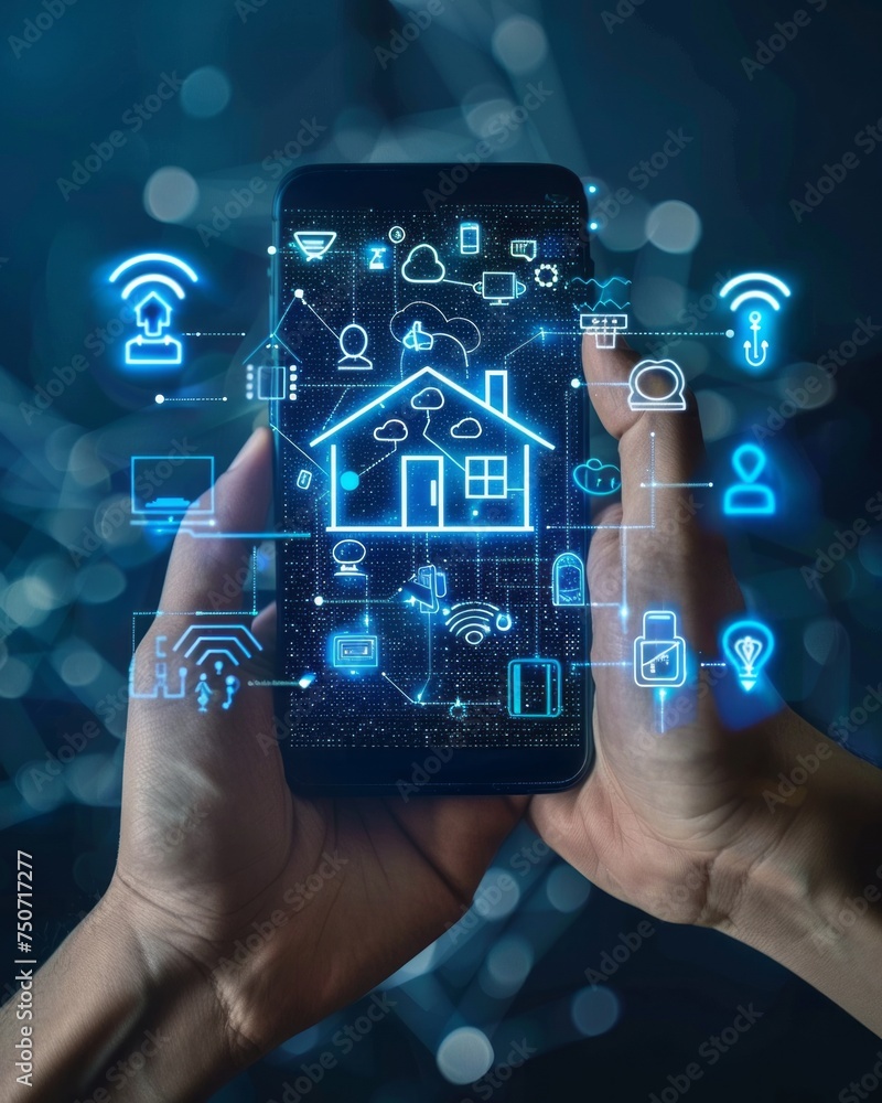 Aufkleber close-up of hands holding a smartphone with smart home automation control system. futuristic innovat