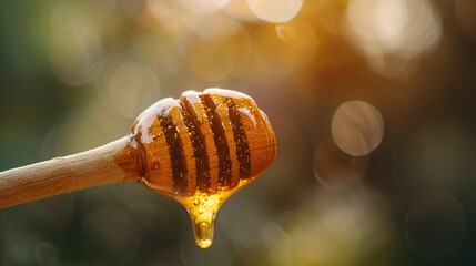 Sunlight catches a honey drizzle from a dipper, emphasizing the natural sweetness and texture, ideal for food-related themes, health and wellness, with space for text. - obrazy, fototapety, plakaty