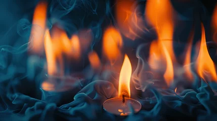 Photo sur Aluminium Feu A tealight candle flame enveloped in swirls of smoke against a dark background, evokes mystery and meditation, ideal for themes related to spirituality, wellness, and the ephemeral nature of life
