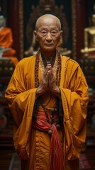 old chinese monk in yellow robes standing in prayer