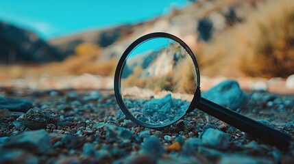 A magnifying glass on rough terrain, magnifying pebbles and grass, represents exploration and attention to detail, suitable for themes of nature, science, and discovery, with a crisp and clear focus. - obrazy, fototapety, plakaty