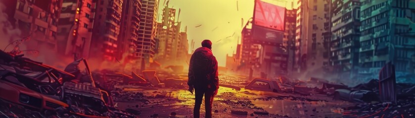 Postapocalyptic survivor ruined city hope  bright colors act funny clean background realistic action