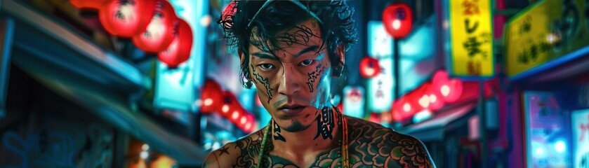 Yakuza tattoos neonlit Tokyo background  bright colors act funny clean background realistic action