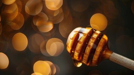 A honey dipper drips with golden sweetness against a backdrop of warm bokeh lights, symbolizing indulgence and natural richness, perfect for culinary arts and dessert-themed applications - obrazy, fototapety, plakaty