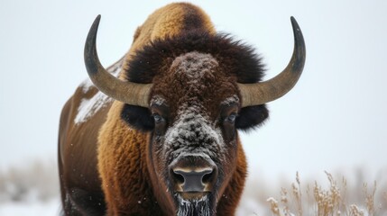 Bison stand against the backdrop of a snow covered savanna