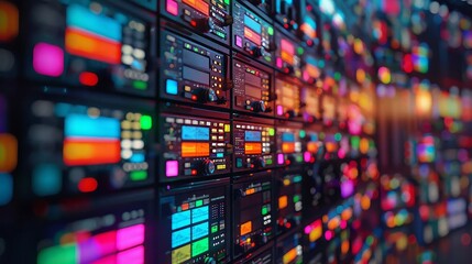 Behind the scenes view of a broadcast control room, filled with multicolored calibration screens - obrazy, fototapety, plakaty