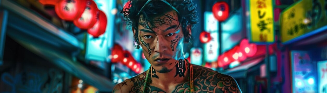Yakuza tattoos neonlit Tokyo background  bright colors act funny clean background realistic action
