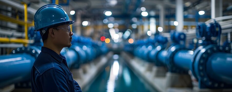 Managing Water Flow: The Intricate Network of Pipes and Valves Governed by a Skilled Asian Engineer. Concept Water Infrastructure, Pipe Network, Valve System, Skilled Engineer, Asian Expertise