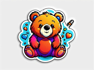Playful Cartoon Bear Sticker in Vibrant Tertiary Colors on White Background