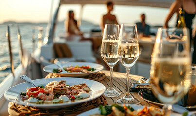 close up of glass of champagne and food on yacht. party holiday vacation on yacht at the sea ocean.