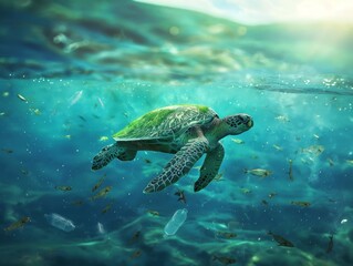 A sea turtle navigates through water cluttered with plastic waste, highlighting environmental concerns