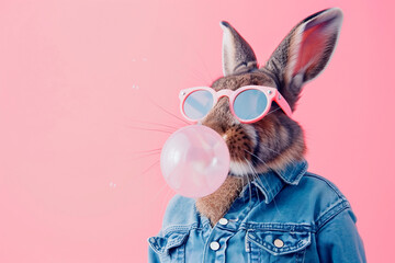 A stylish bunny in a denim jacket and sunglasses blowing a pink bubble gum bubble - obrazy, fototapety, plakaty