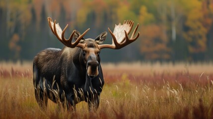 Male moose standing among dry grassland with pine forest background