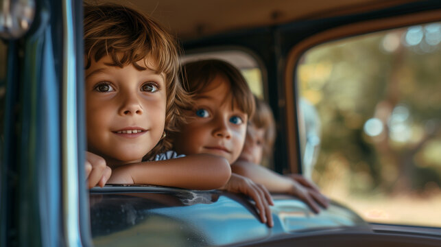 Summer Road Trip: Children Enjoying a Car Ride on Vacation
