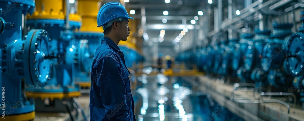 Poster managing water flow: the skilled engineer's control of a complex network of pipes and valves in a st