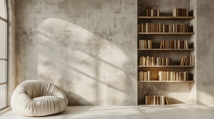 Contemporary reading corner featuring an abstract, minimalist bookshelf against a soft-toned wall