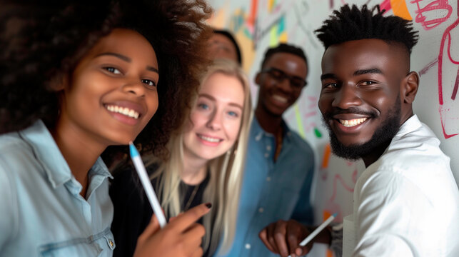 Global team happy culturally diverse business people writing in office on whiteboard