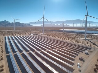 An expansive view of solar panels and wind turbines in a green field, symbolizing renewable energy solutions