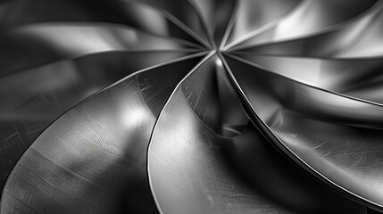 Abstract close-up of steel fan blades with a monochromatic metallic sheen