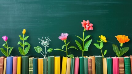 A chalkboard garden with colorful blooms of knowledge growing from textbooks, showcasing the nurturing environment of education