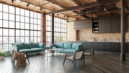 A modern loft living room with a couch, a kitchen