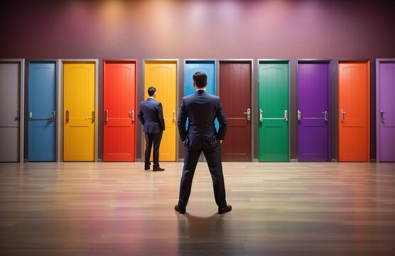 Businessman in front of multiple doors of diverse colors as symbol for different opportunities